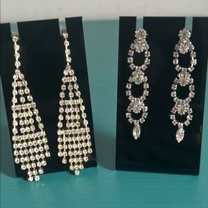 Wedding Prom Formal Gold and Silver Sparkling Rhinestone Dangle Drop Earrings